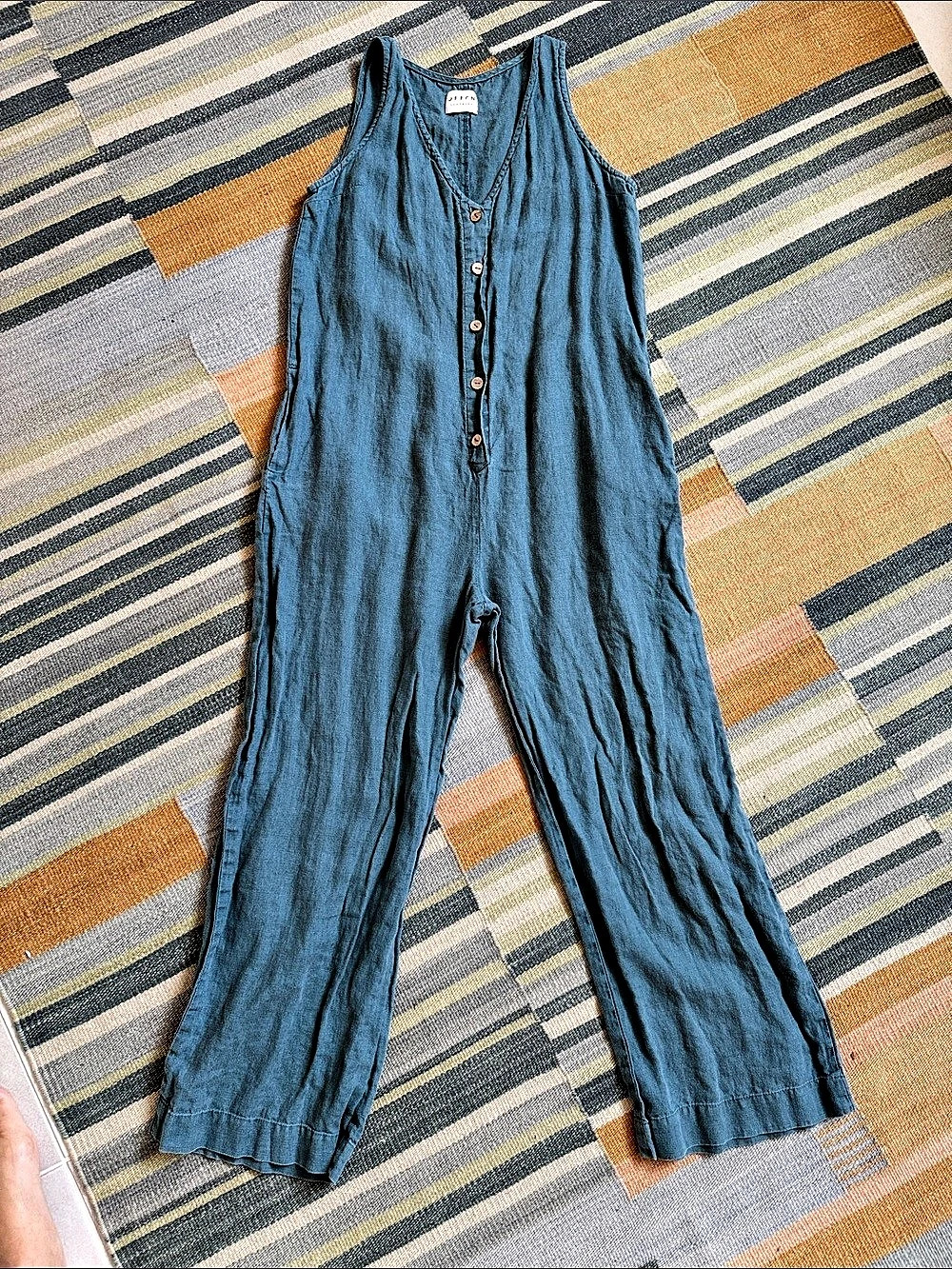 OffOn Clothing Loose Linen V-Neck Jumpsuit Blue Medium Like New